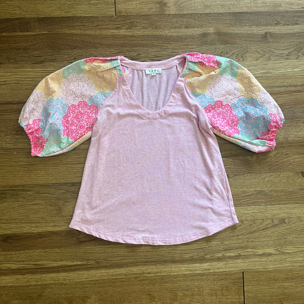 Anthropologie THML Pink Embroidered Puff Short Sleeve Blouse Women’s Sz S Party‎